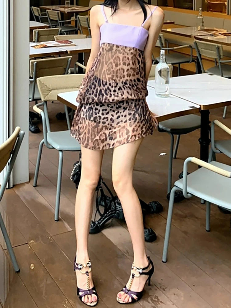 RORORIRI Sexy pure léopard épissé Camisole robe femmes sans manches dos nu Corset couches Mini robe Vintage vêtements d'été