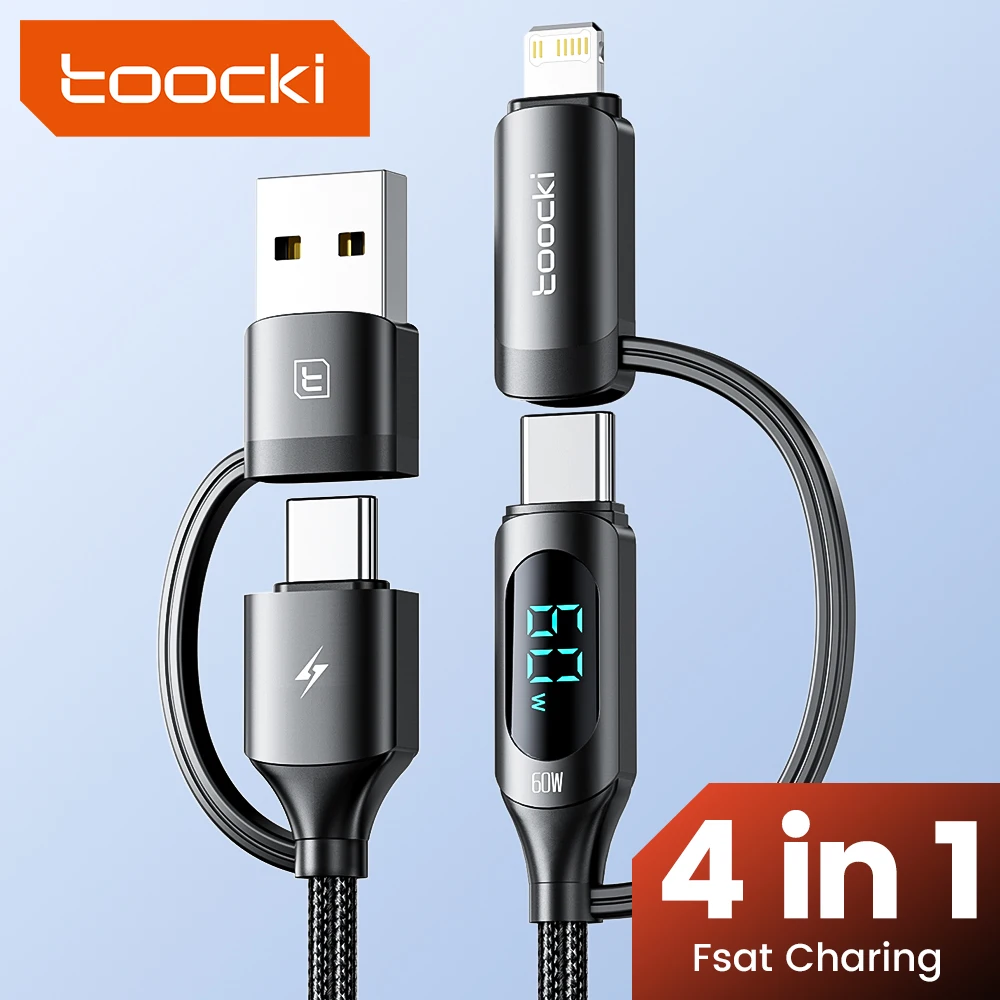 Toocki USB A 타입 C-USB C 라이트닝 디스플레이 PD 케이블, 아이폰 15, 14, 고속 충전 충전기, 삼성, 화웨이, 날짜 코드, 4 in 1 