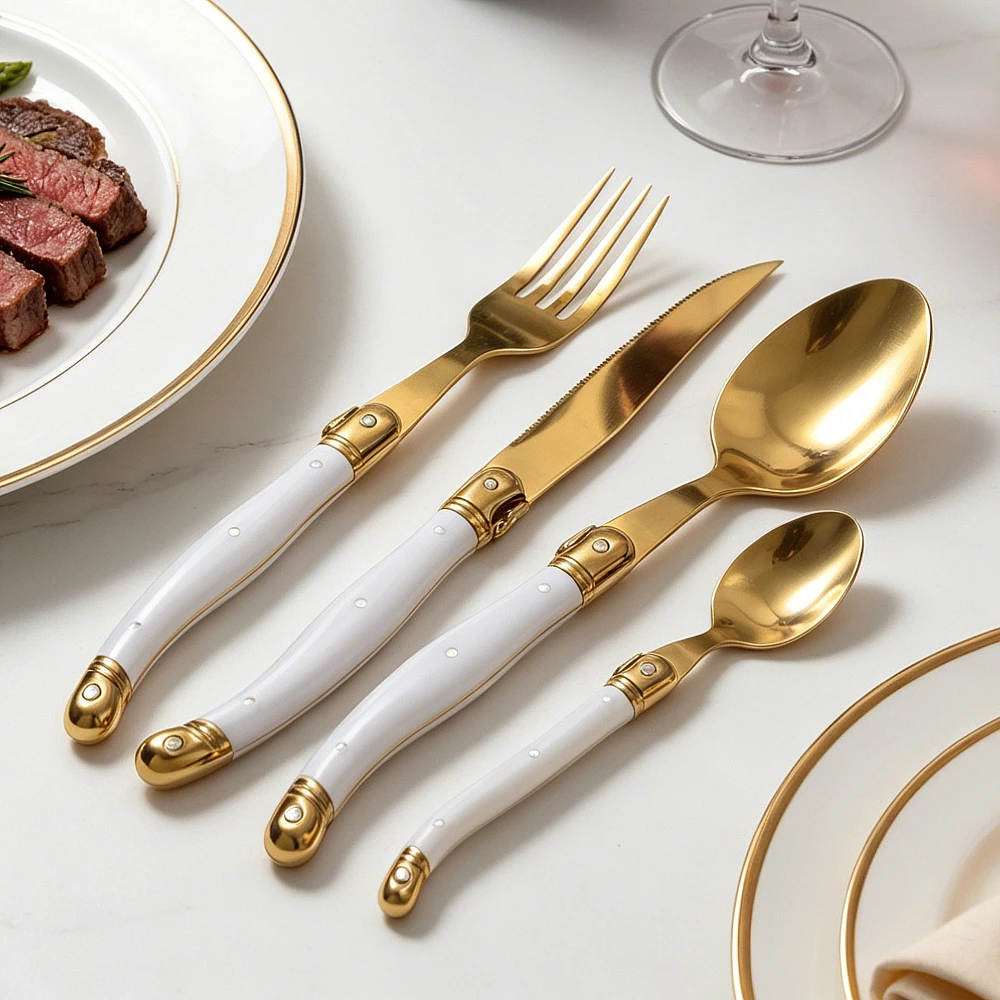 Jaswehome 3/4pcs Laguiole Gold Cutlery Set Stainless Steel Steak Knife Salad Fork Spoons Luxury Kitchen Dinnerware Gift Flatware