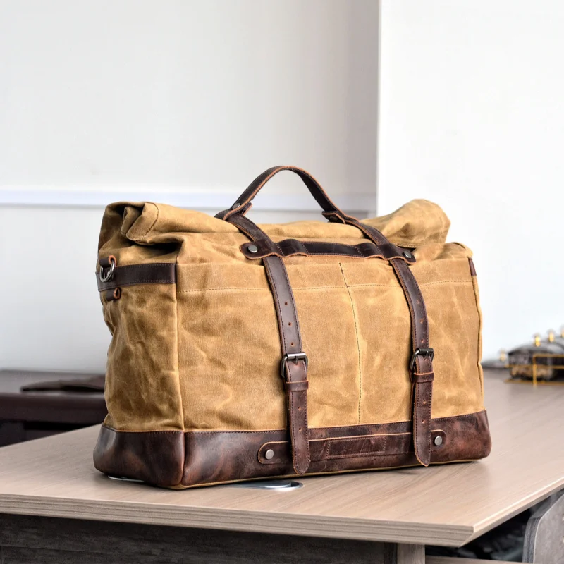

Vintage large-capacity travel handbag, European and American vintage waterproof waxed canvas luggage bag with crazy horse leathe