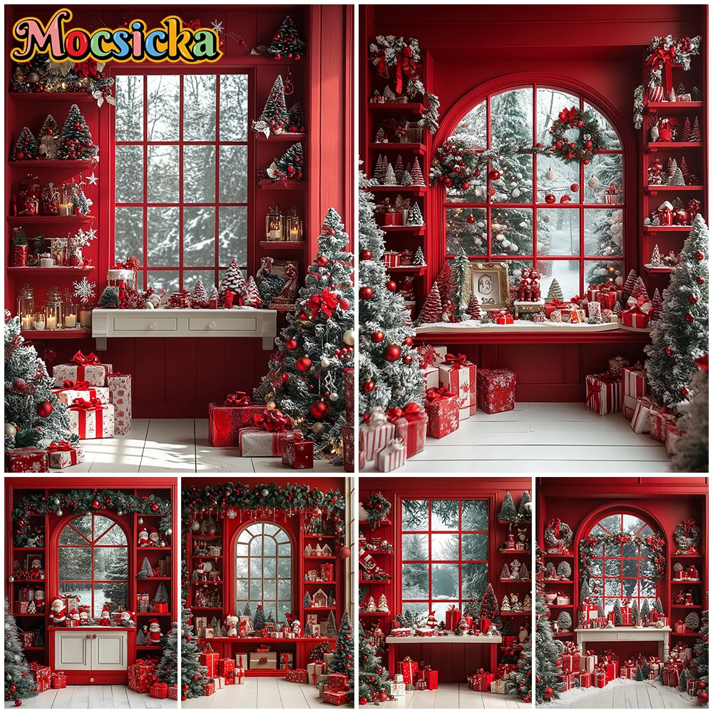 

Mocsicka Merry Christmas Backgrounds Home New Year Party Xmas Tree Red Window Gifts Winter Studio Backdrop Decorations Wallpaper