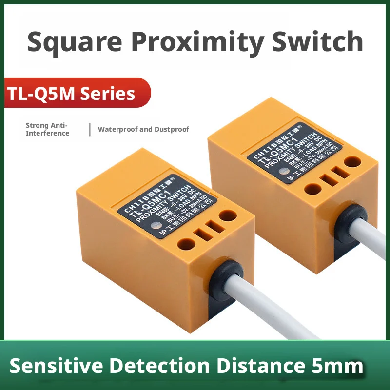 Compact Square Proximity Sensor 5mm, DC12-24V, 3-Wire NPN NO, ABS, IP67, 1.9m Cable, for PLC & Automation