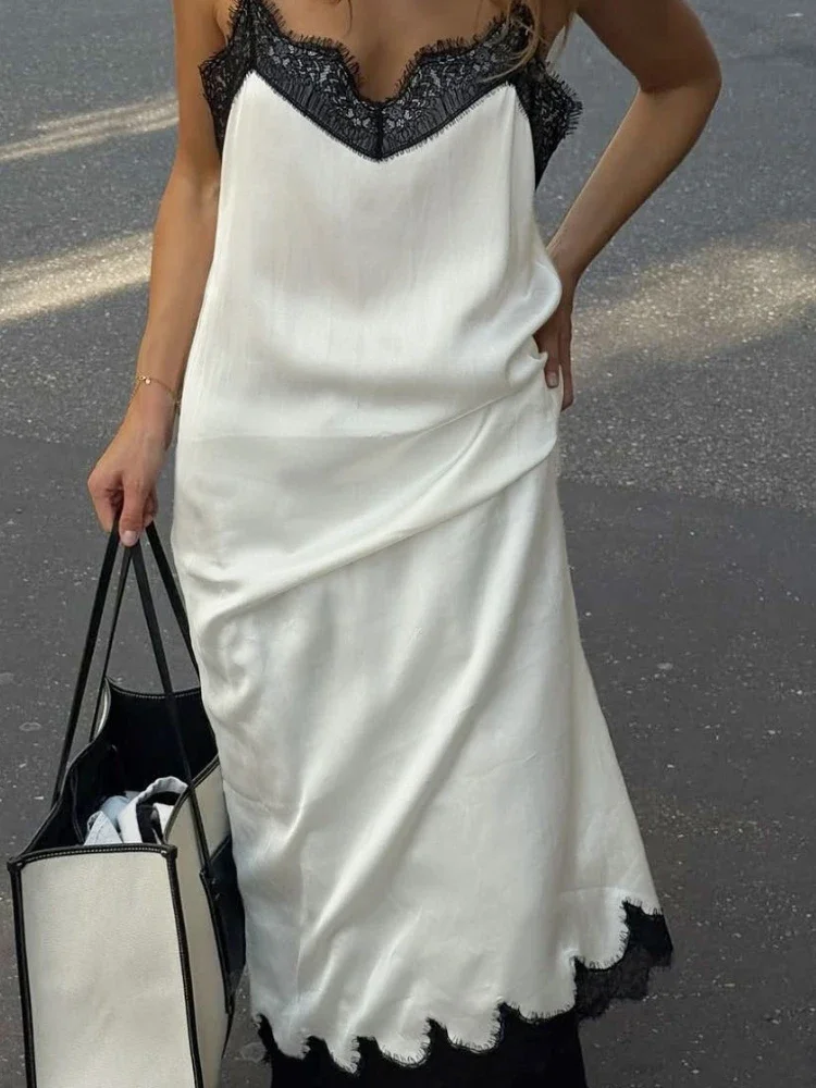 2025年 Vネック レース キャミソールワンピース レディース パッチワーク ノースリーブ ルーズ 通勤 2025年新作 ストレートワンピース レディース マキシワンピース
