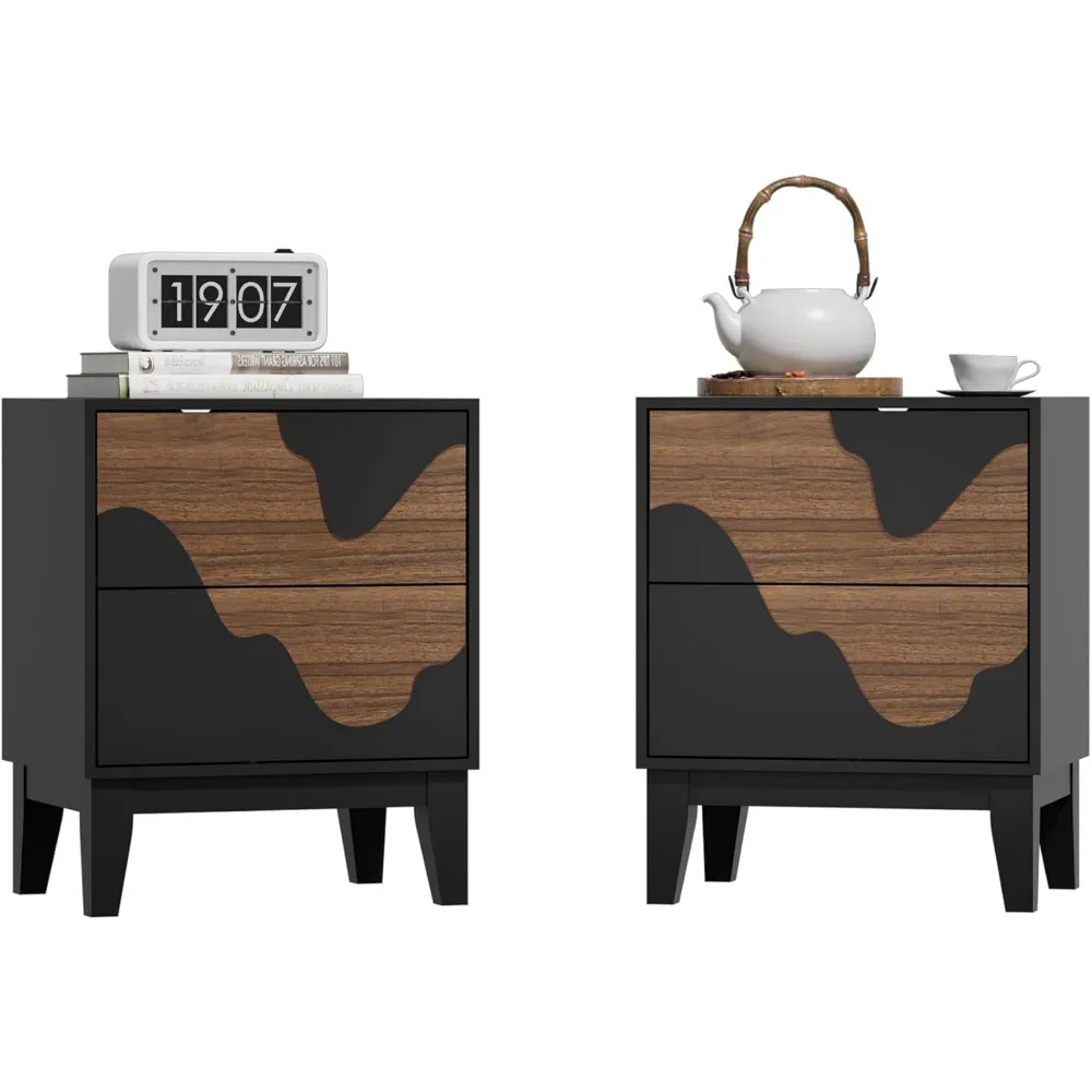 زوج من طاولات النوم الحديثة، طراز منتصف القرن بنمط مائي، لمسات خشبية لطاولات جانبية لغرفة النوم