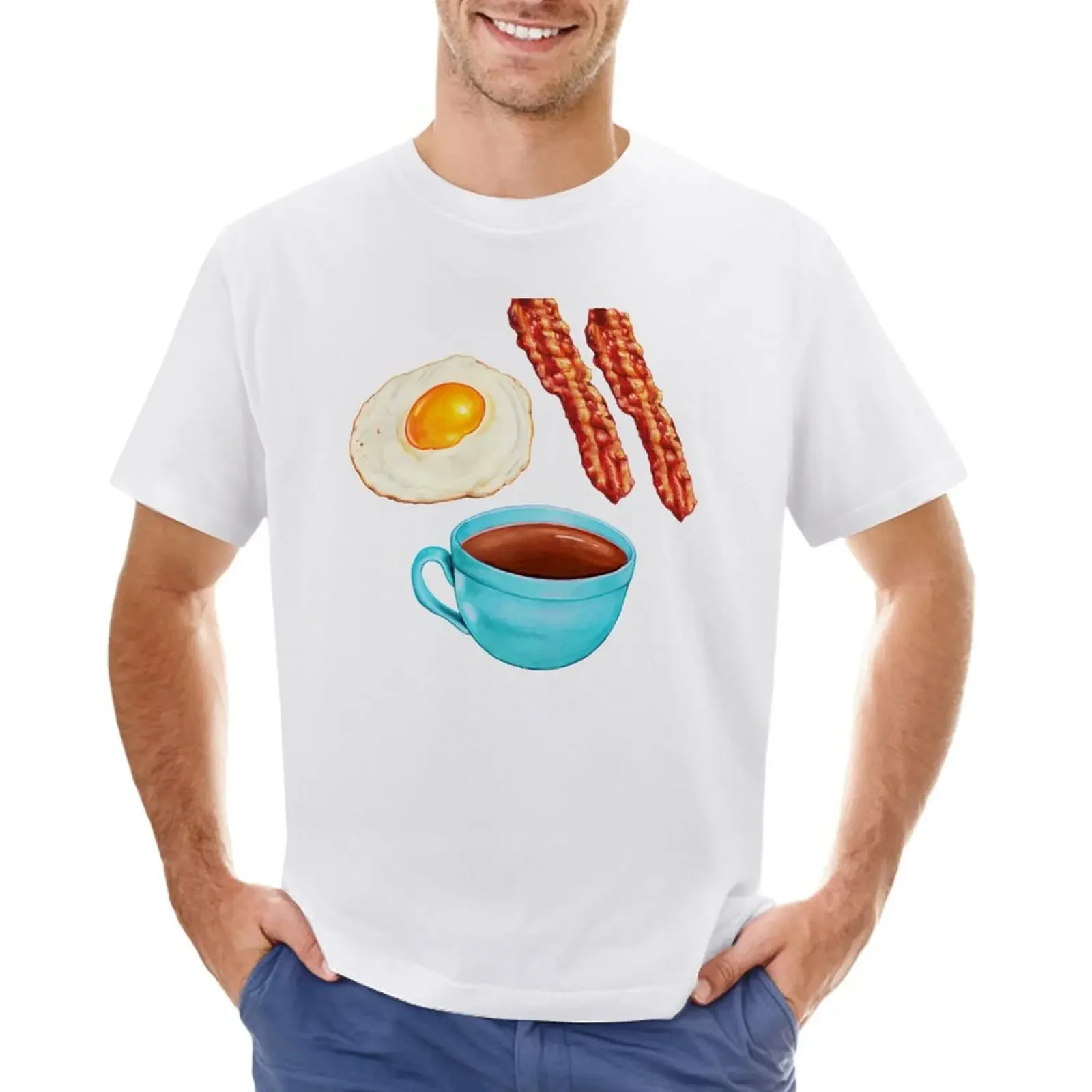 

Coffee Bacon & Eggs Pattern - Blue Check T-Shirt graphics hippie clothes plain cute clothes big and tall t shirts for men