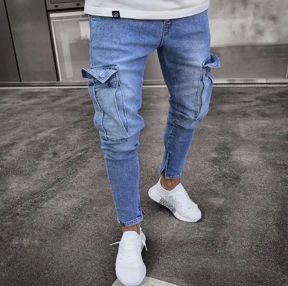 Men Jeans Pencil Pants Solid Denim Sheath Mid Waist Zipper Fly Pockets Slim Fit Ankle Length High Street Holes Slight Strech