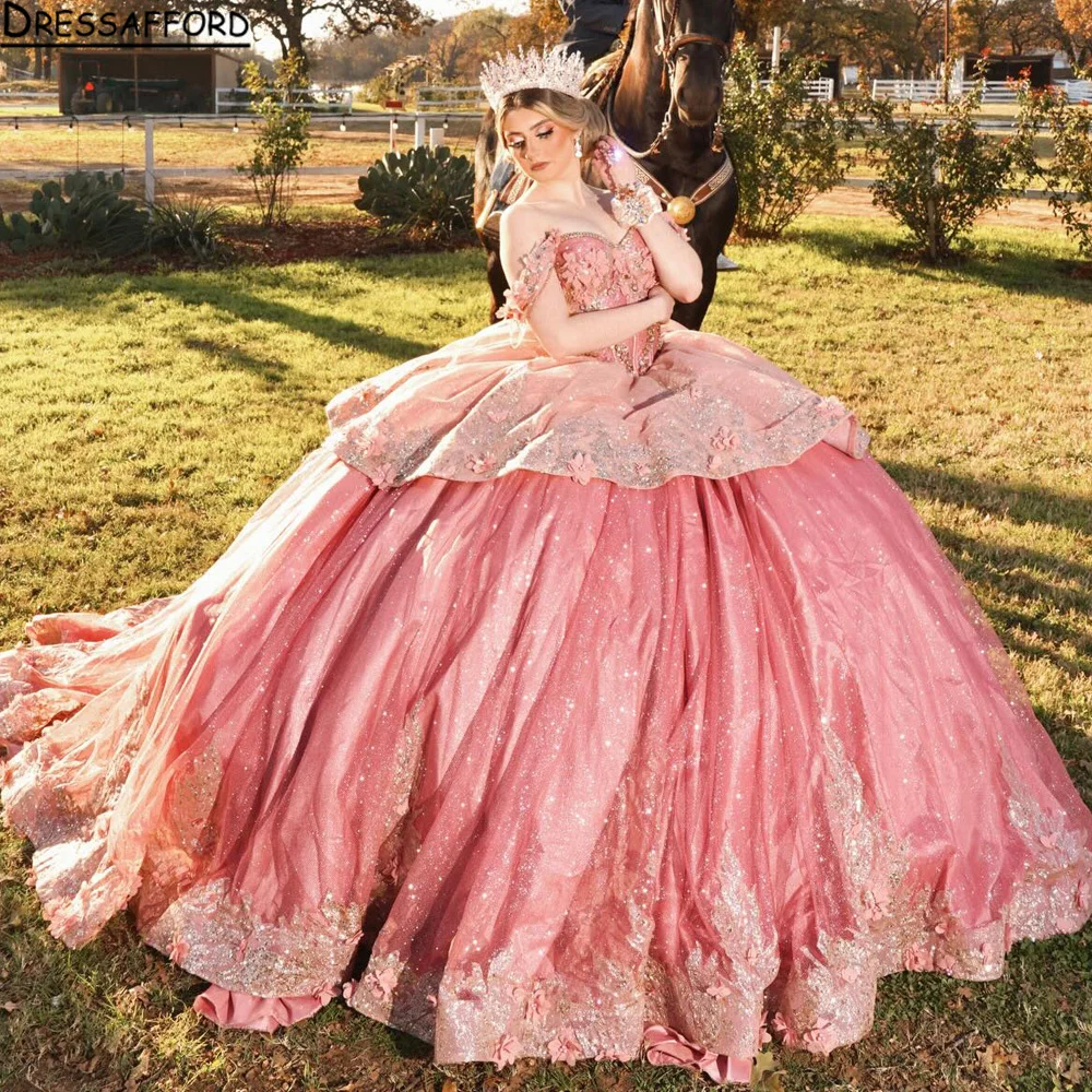 

Pink Princess Ball Gown Quinceanera Dresses Vestidos De 15 Anos XV Glittering 3D Flower Lace Birthday Party Customized