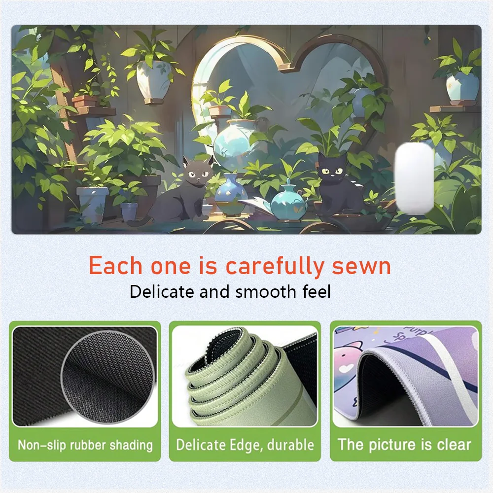 Black Cat Mouse Pad Cartoon Design Large Desk Accessories Desk Pad Rubber Base with Stitched Edge Mousepad Non-Slip Deskpad