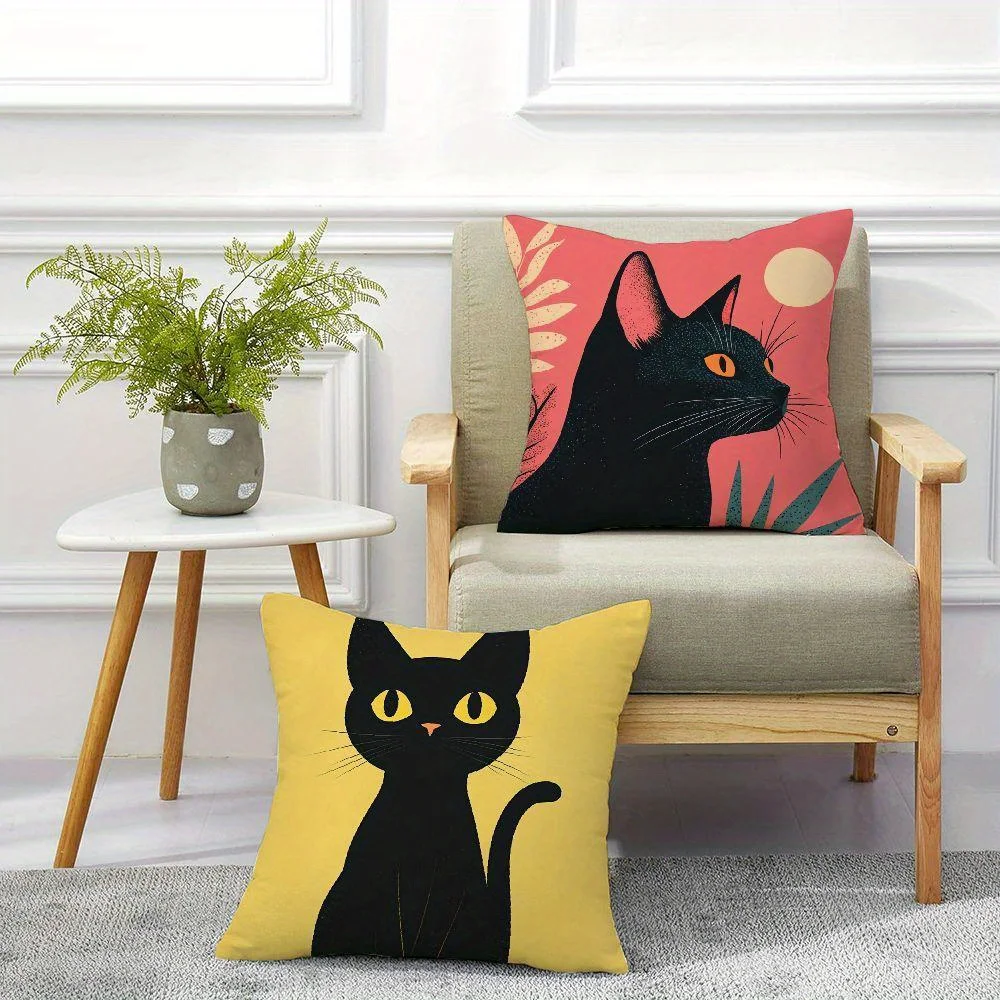 Mid Century Black Cat Throw Pillow Covers Retro Cat with Coffee Sun Print Cushion Cases, Cat Lover Decor for Bedroom Living Room