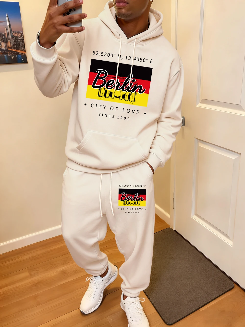 2 قطعة مجموعة هوديي الرجال برلين مدينة الحب يطبع Sweatpants عادية الصوف الدافئة جيب مقنعين بنطال رياضي ملابس الشتاء فضفاضة