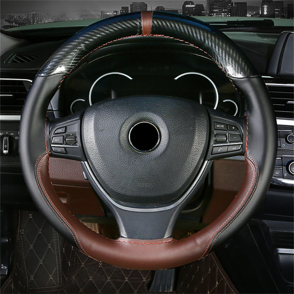 Carbon Fiber Car Steering Wheel Cover Universal Hand Sew DIY Stitch Leather Protector Braiding Cover For Steering Wheel 38 cm