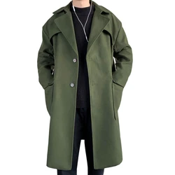 Abrigos largos de lana con capucha para hombre, cortavientos de invierno de Color sólido de gran tamaño, prendas de vestir informales de estilo coreano