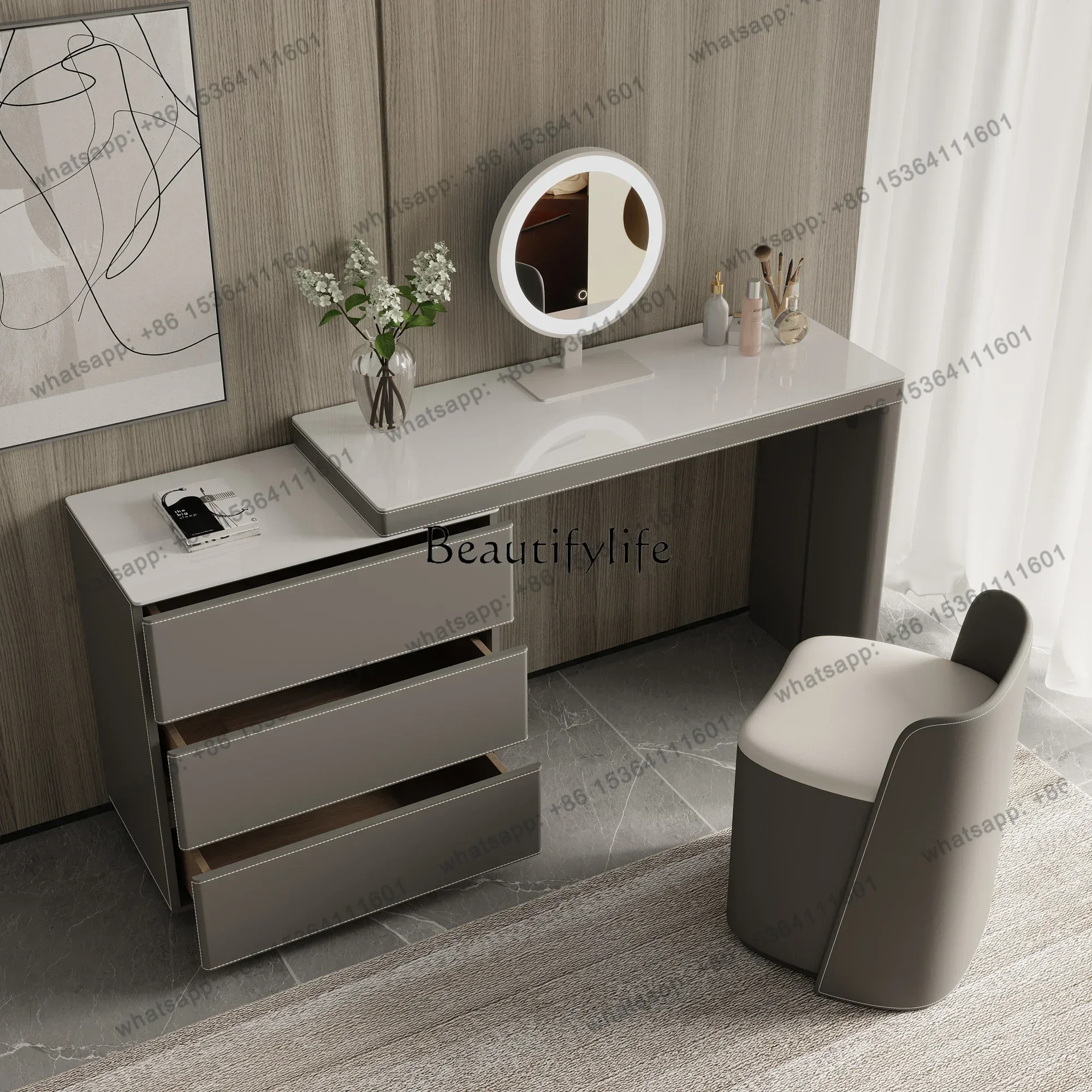 Factory DirectItalian minimalist high-end saddle skin rock slab dresser integrated large capacity