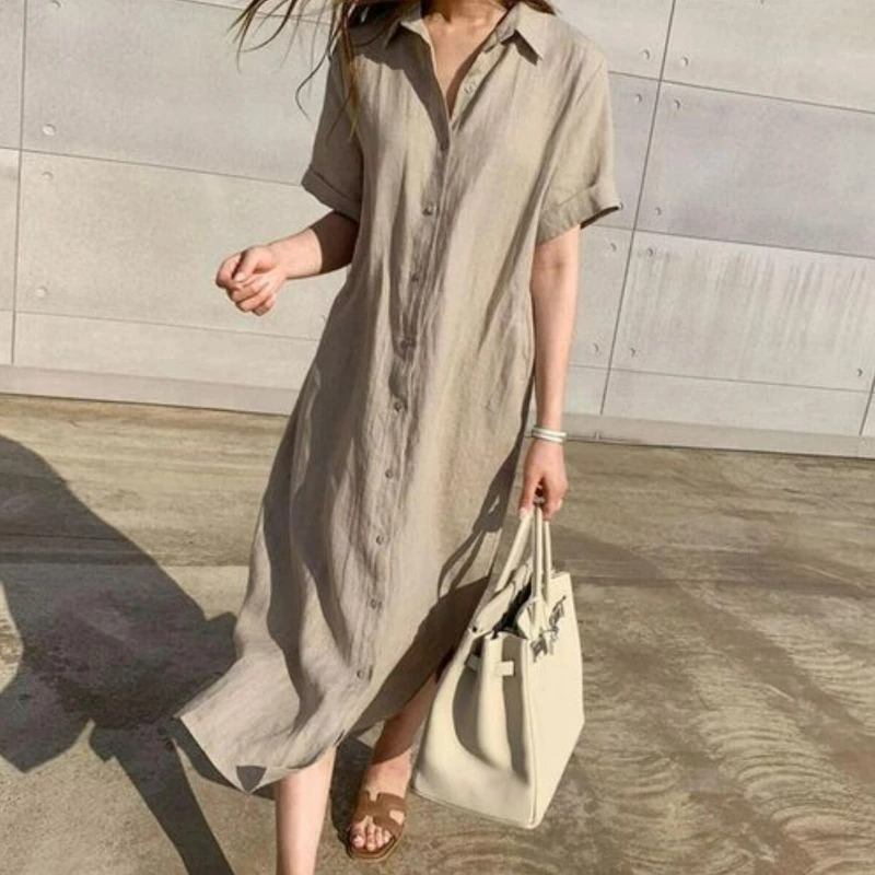 Turn Down Collar Dresses Women Short Sleeve Vestidos Spliced Single Breasted Long Dress Shirts Solid Loose Casual Straight