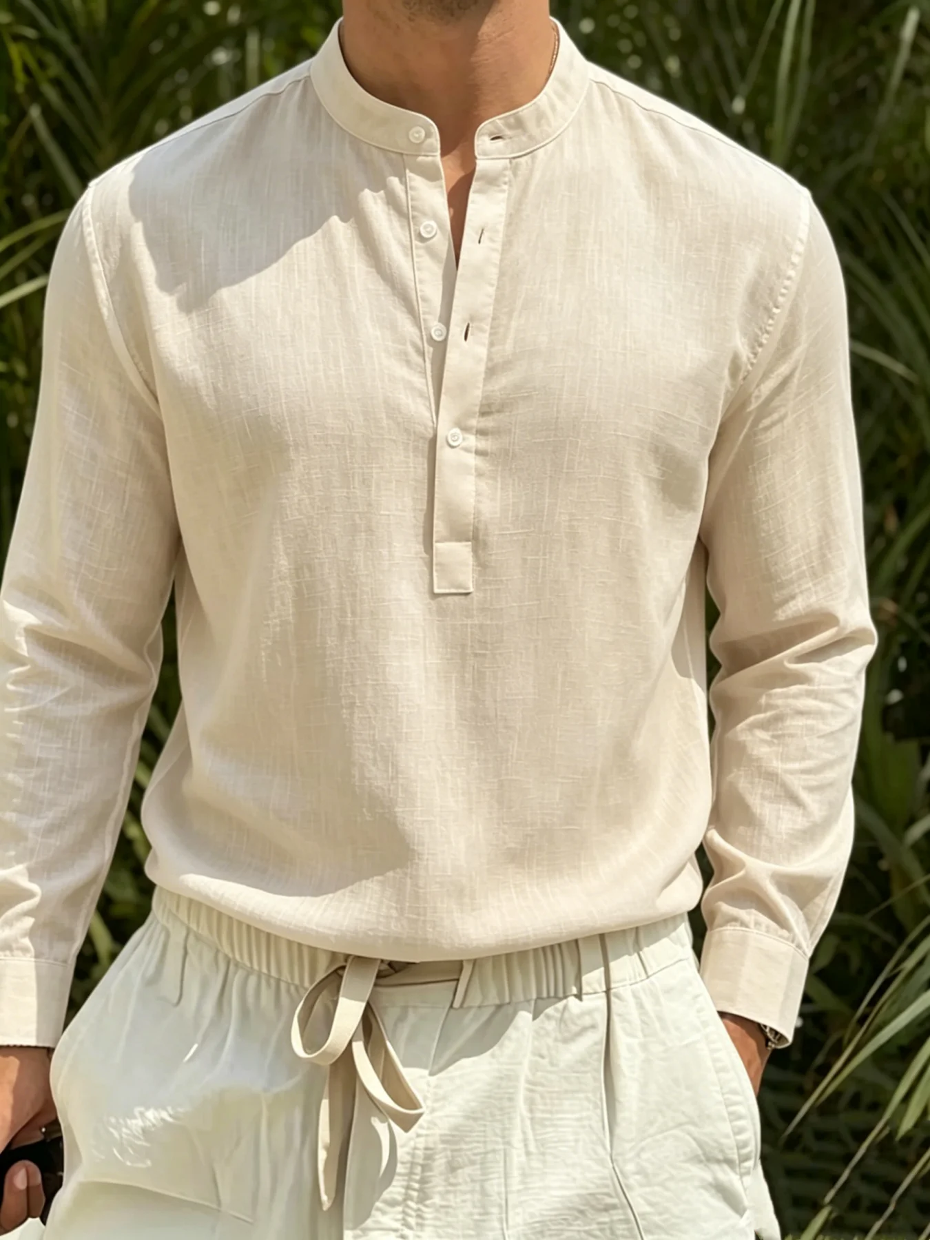Men Cotton Linen Stand Collar Henley Long Sleeve Shirt Half Button Textured Casual Summer Top