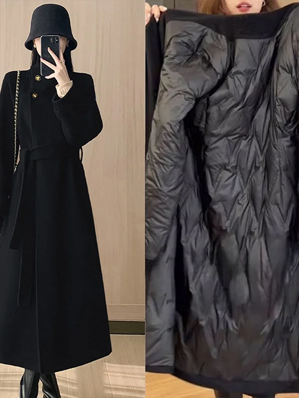 

Новое женское зимнее шерстяное пальто Bla Hepburn свободного кроя с поясом, воротником-стойкой, наполнителем из пуха, длинными рукавами, теплое