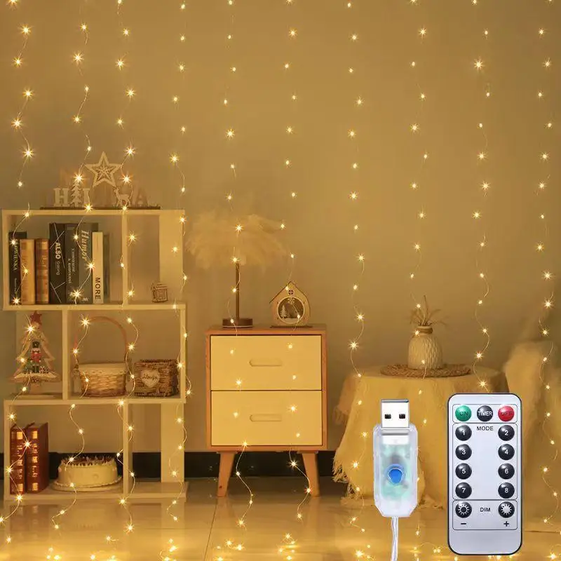 Curtain lights with 8 functions, USB remote control, timed copper wire light string, Christmas decoration lights