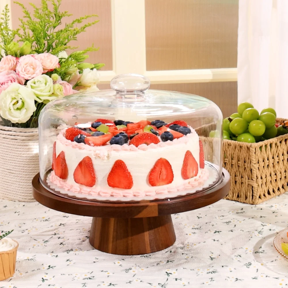 11in Acacia Wood Cake Stand with Glass Dome&Magnetic Pedestal Versatile Dessert Display Holder with Cover, Cake Plate with Lid for Kitchen&Birthday&Party&Decor&Charcuterie