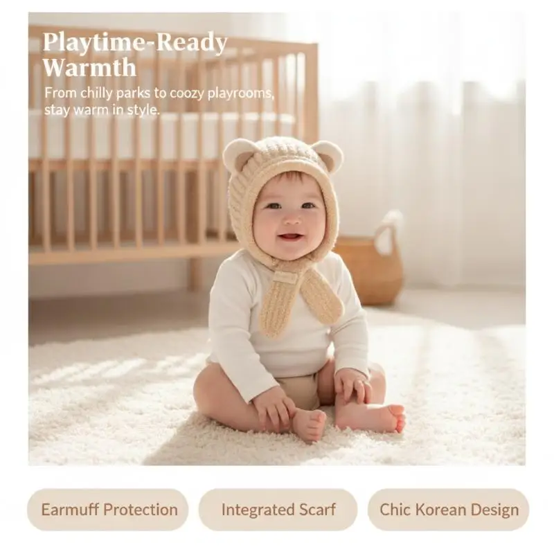 Weiche Fleece-Bärenohren-Mütze, Plüsch-Winddichte Kopfbedeckung für Babys von 0-2 Jahren, Jungen und Mädchen, für Winter und Outdoor-Spiele – Detail 1