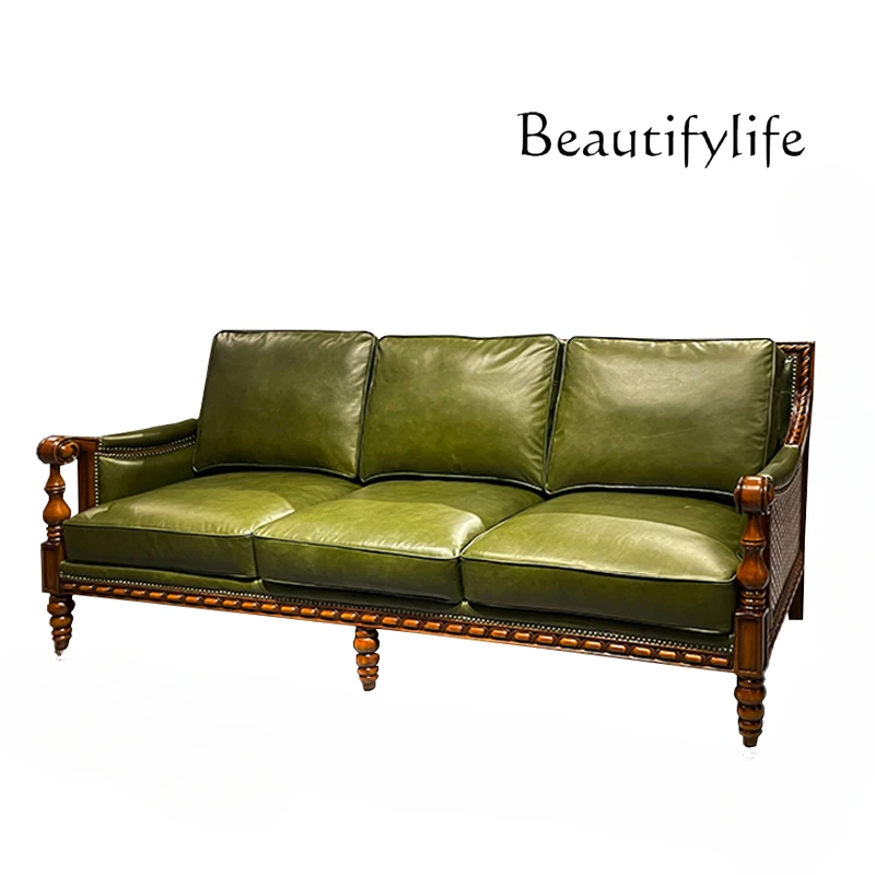 

American-Style Solid Wood Sofa Retro Leather Sofa Combination European-Style Villa Light Luxury Leather Sofa