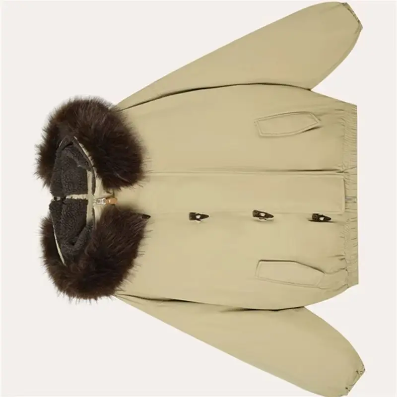 Korean Retro Fur Collar Hooded Cotton Jacket Women Winter Coat 2026 New Horn Button Thicke Warm Down Cotton Jacket Female Parkas