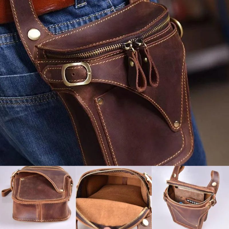 Vintage Leather Waist Bag Men Multifunctional Belt Pouch Cowhide Phone Holster Shoulder Crossbody Sling Bag поясная сумка