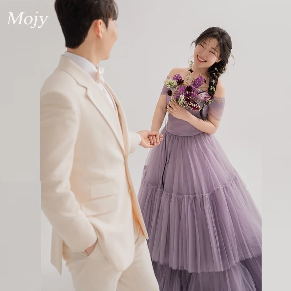 

Mojy Off the Shoulder Prom Dresses Sexy Back Long Ruched Tulle Birthday Party Korea Evening Gowns Customized Floor-Length