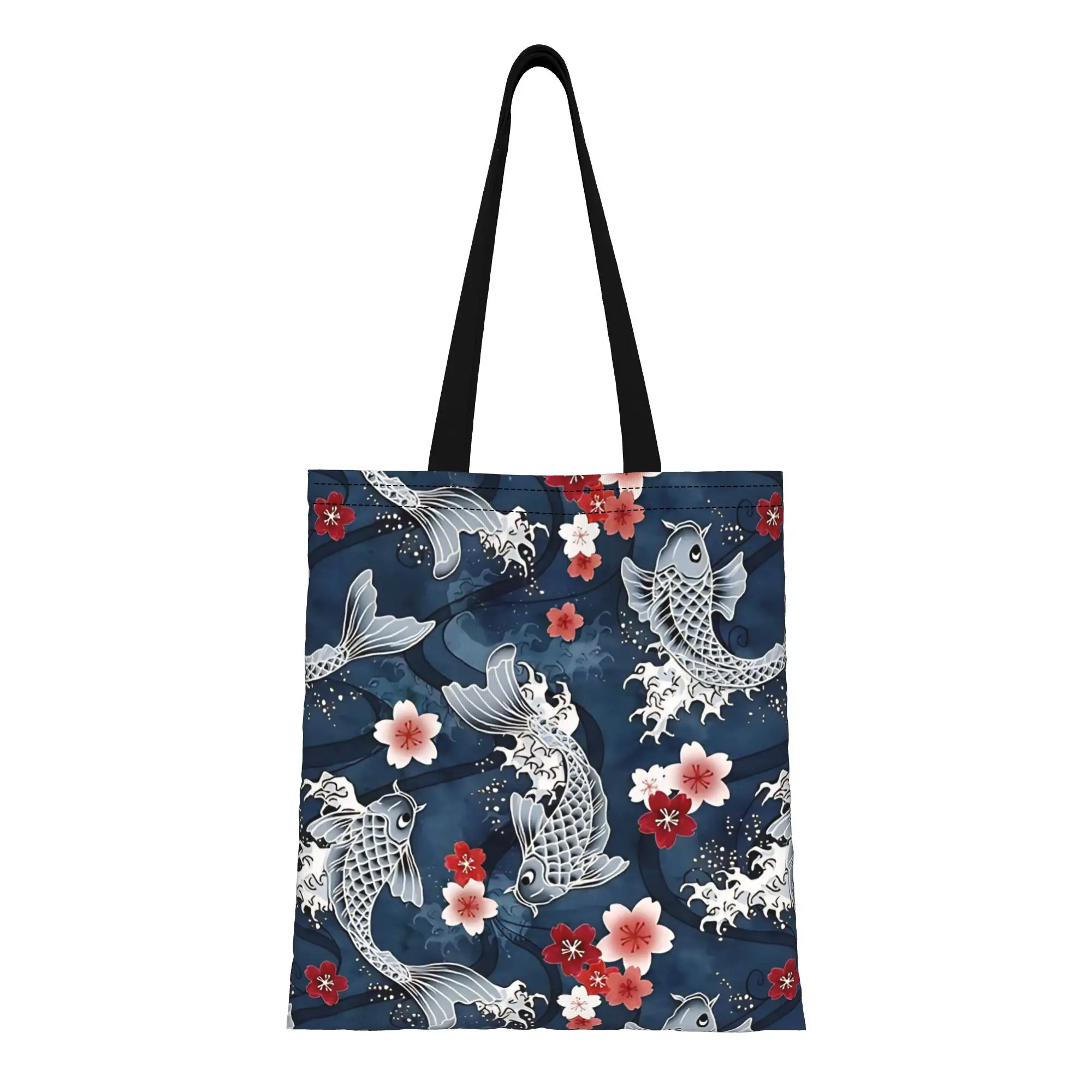 Floral Koi sakura blossom in blue Canvas Woman Tote Bag for Shopping Travel Outdoor Heavy Duty Shoulder Handbag