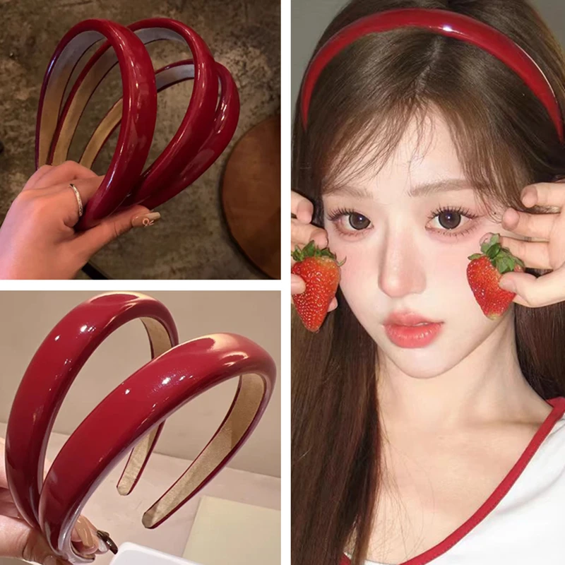 

Sweet Elegant Red Headband Leather Sponge Women Hair Hoop Wash Face HeadBands Lady Female Hair Styling Accessories New Year Gift