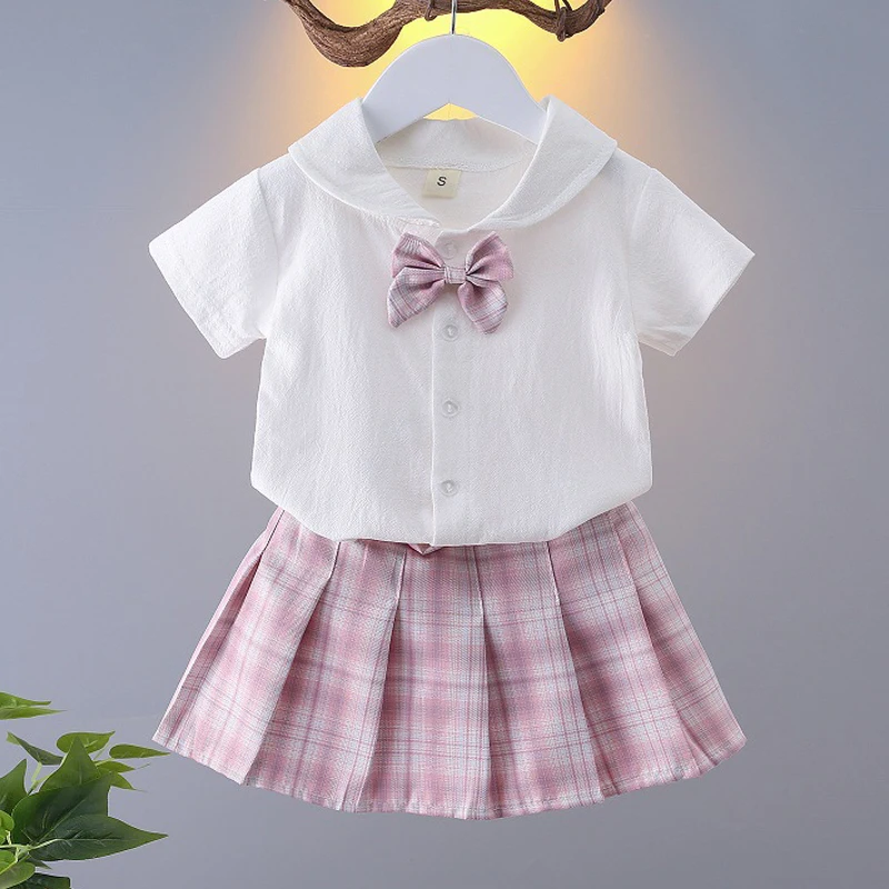 Kid Girl Clothes Bow Blouse Top+Skirt 2Pcs Girl Suit Plaid Dress Student Uniform School Two-Piece Baby Set Children Outfit A1218