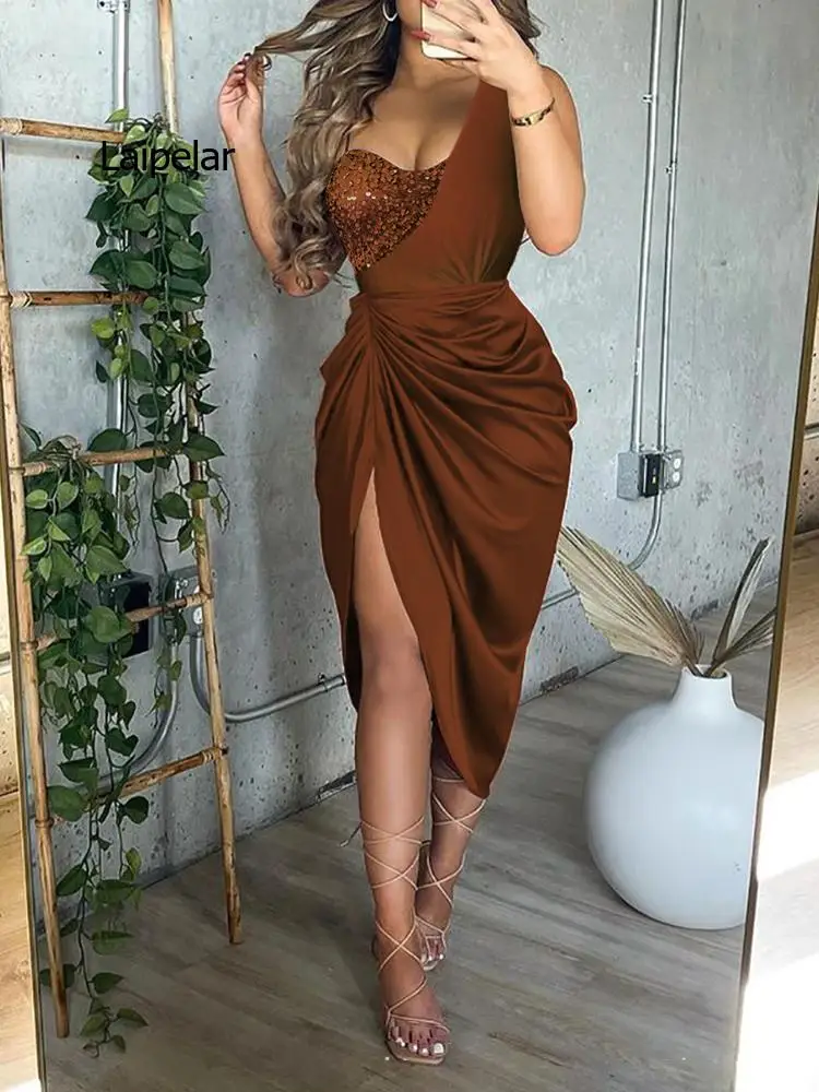 Thời Trang Thanh Lịch Miếng Dán Cường Lực Sling Đầm Sexy Ôm Vai Đầm Xẻ Tà Nữ Dáng Satin Mỏng Shirring Dài Đầm Dự Tiệc