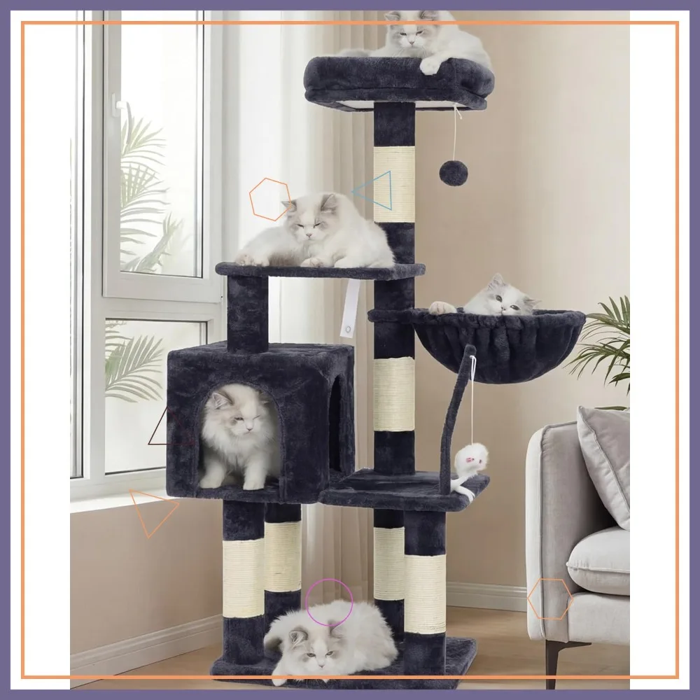 

Когтеточка-комплекс для кошек с игрушками, домик-башня для домашних кошек, мягкая плюшевая лежанка, уютный гамак и сизалевые когтеточки, цвет дымчато-серый