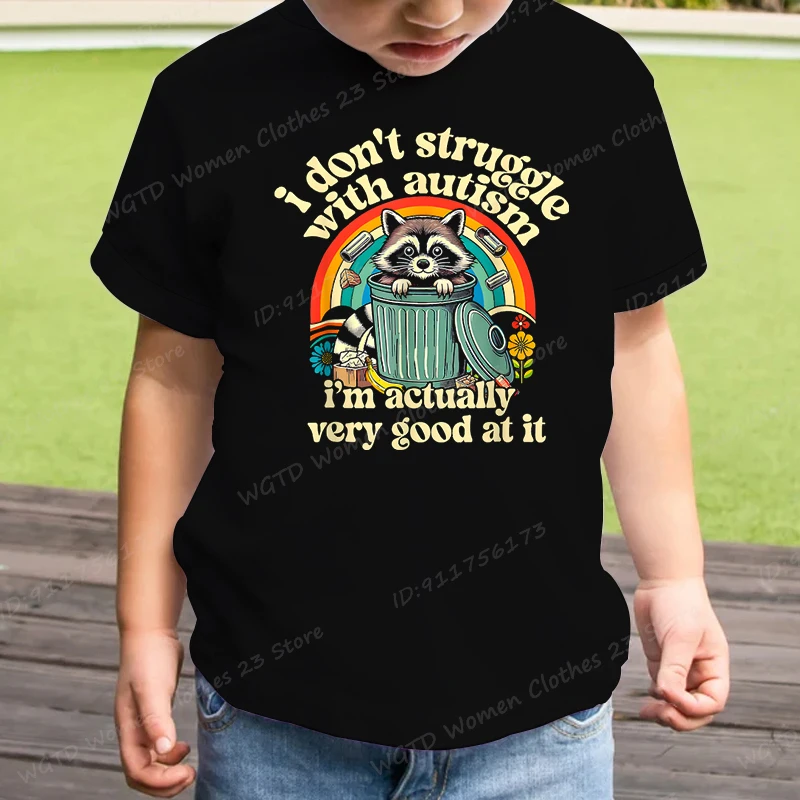 Cute Raccoon & I Don't Struggle With Autism Print T-shirt For Boys And Girls Summer Casual Short Sleeve T-shirts Kids Tees Tops