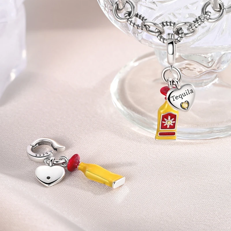 Bottle Series 925 Sterling Silver Red Wine Bottle Teacup Coffee Machine Ice Cream Cup Charm Fit DIY Bracelet Necklace Niche Gift