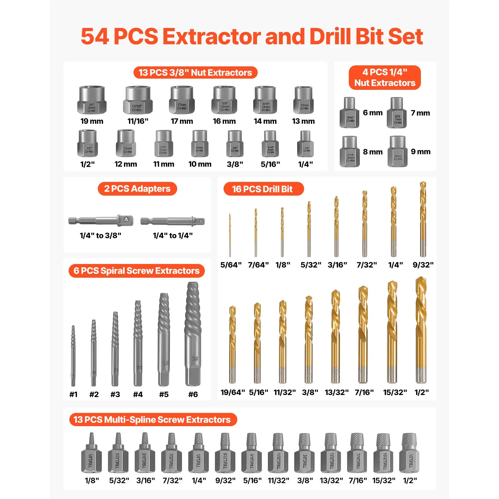 Screw Extractor Set with Drill Bits, 54 Pieces, Easy Out Nut Bolt and, Adapters, Solid Storage Case, Cr-Mo Steel for Removing