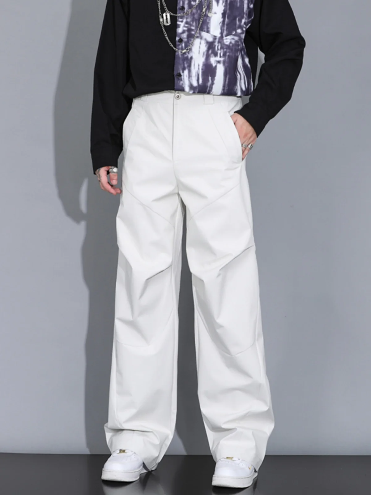 

Summer American Sle Casual Pants Men's Loose Straight Thin Folded Hem Floor-Length Simple Slimming Long Trousers