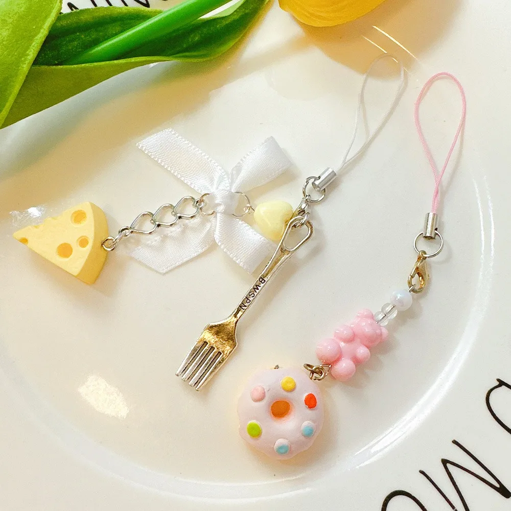 Bag Decoration Little Bear Beaded Phone Chain Cheese Hanging Cord Phone Strap Charms Doughnut Mobile Lanyard Women Girls