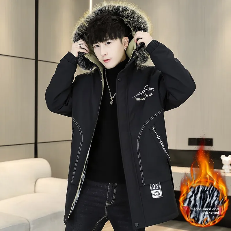 

Winter New Men's Mid-Length Fce-Lined Thiened Hooded Cotton Jaet Casual Wear Warm Versatile Large Size Youth Faion