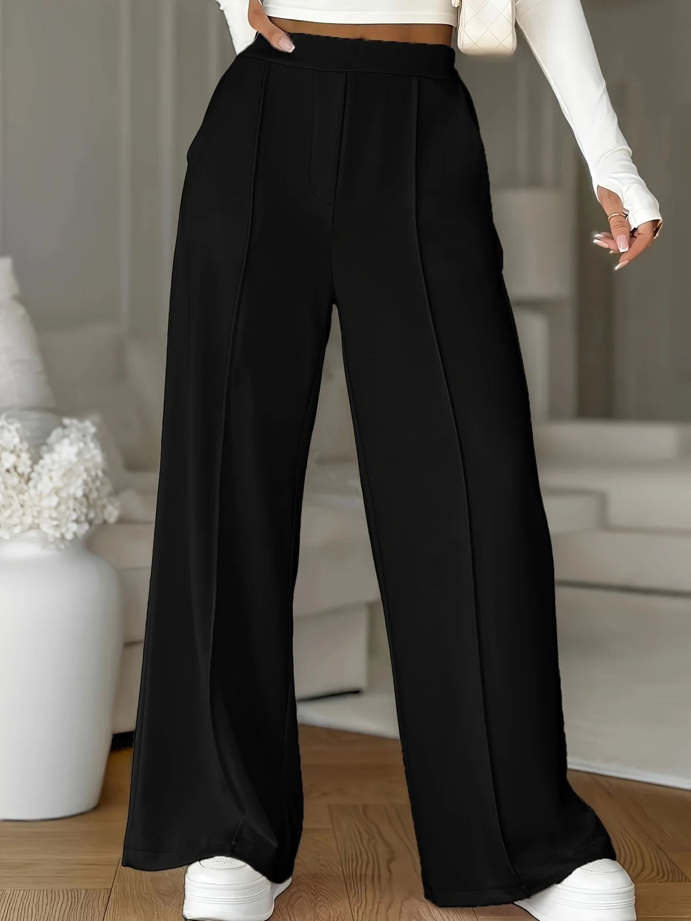 

Черные женские однотонные тканые повседневные брюки большого размера на весну и лето черного цвета