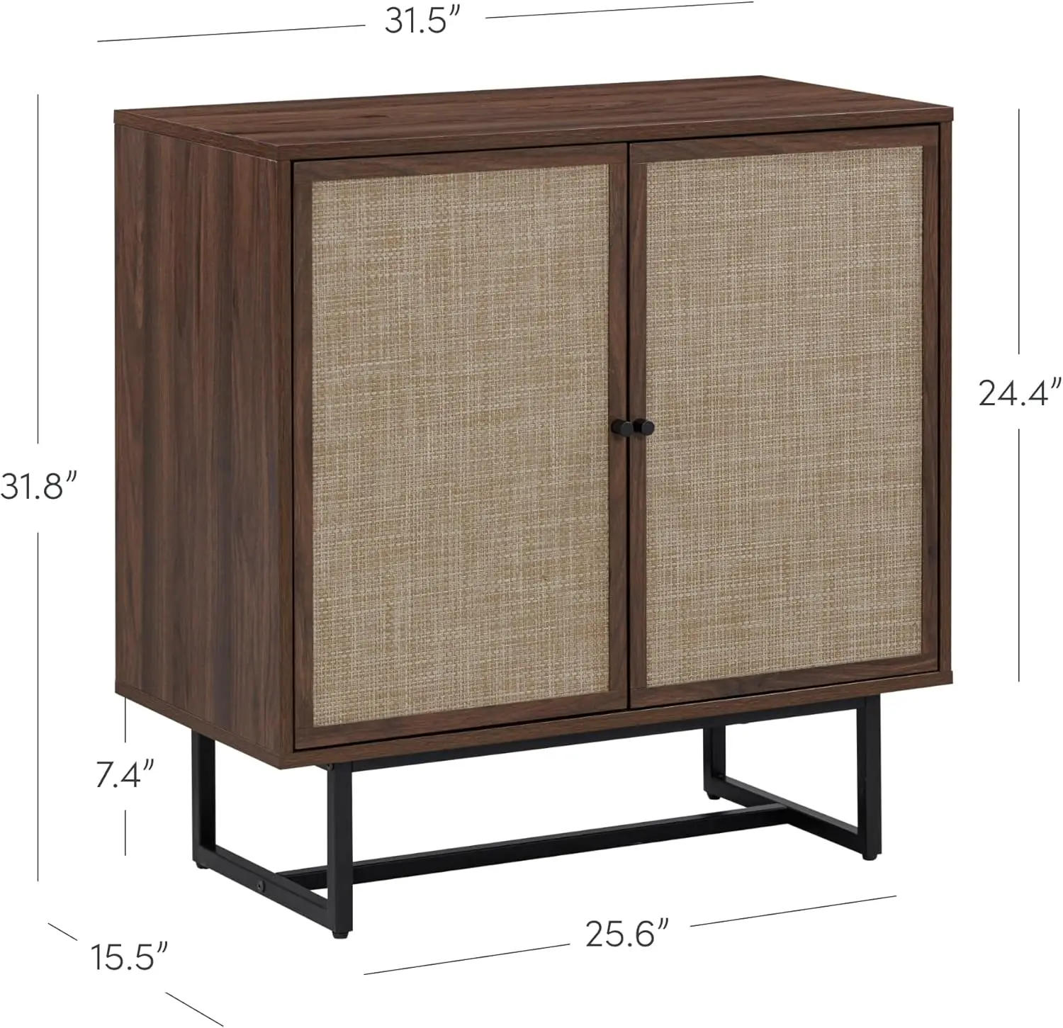 Bohemian Rattan Accent Sideboard Storage Cabinet, with Doors and Matte Black Legs, Dark Brown/Black