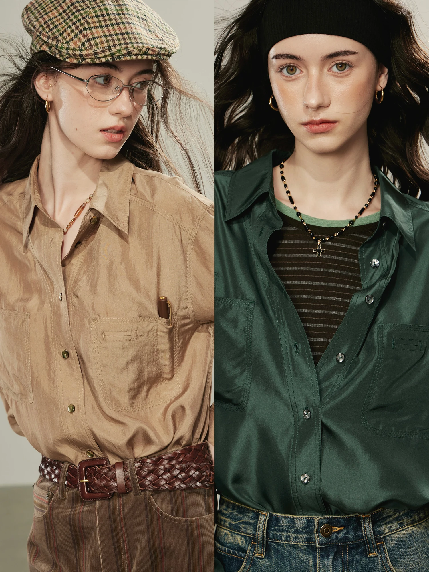 

Retro Sle Silk Power Twill irt for Women Waed Vintage Look Straight Cut Long Sve Breathable Comfortable Two Colors