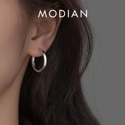 Modian Solid 925 Sterling Silver 2CM Smooth Minimalist Simple Ear Pave Setting Stud Earrings for Women Fine Party Jewelry