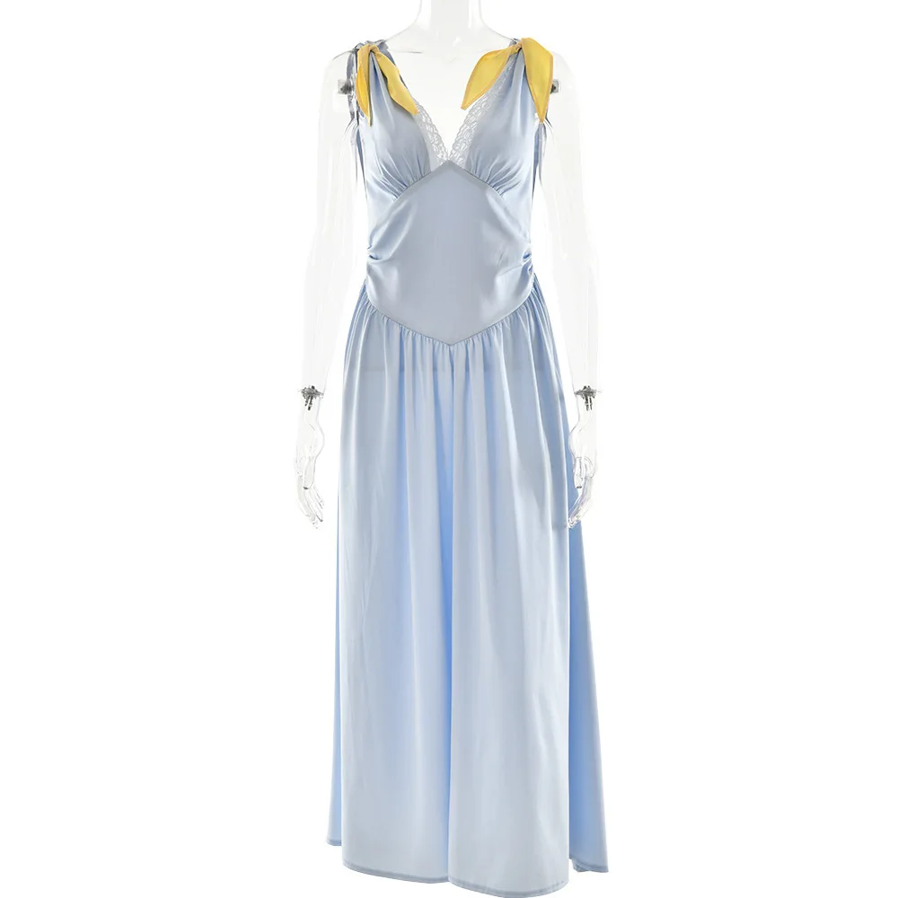 Vendita calda elegante abito lungo in raso con scollo a V profondo e schiena scoperta, sexy, in pizzo, senza maniche, tinta unita