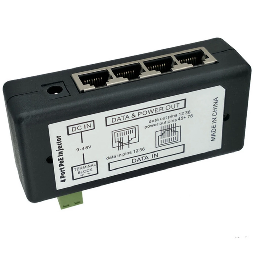 N82R 1 Piece Black 4 Port POE Injector For CCTV Surveillance IP Cameras Power Over Ethernet Adapter