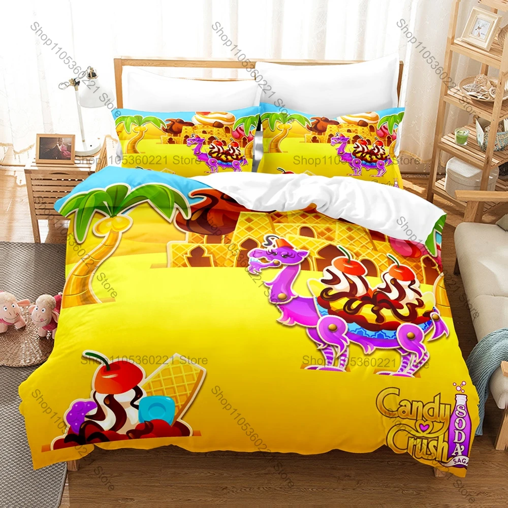Candy Crush Soda Saga Match 3 Game Candy Bear Cartoon 3D Print Bedding Set Duvet Cover + 2 Pillowcases Soft Polyester Bed Linen