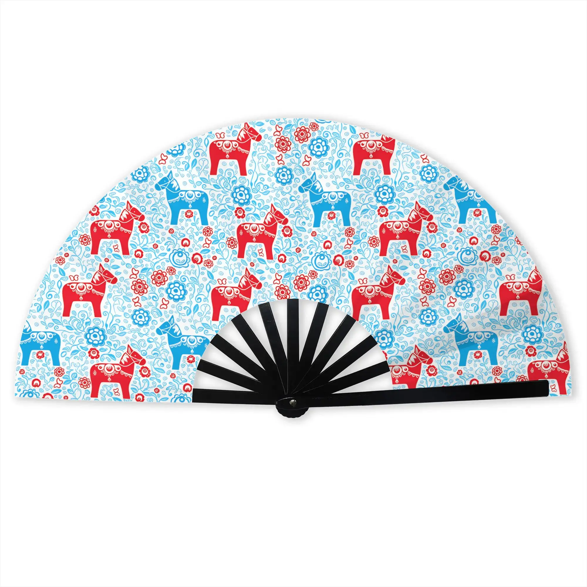 Dalecarlian Dala Horse Nordic Style Folding Hand Fan Scandinavian Folk Art pattern Polyester Fabric Fan Accessory DecorativeFans