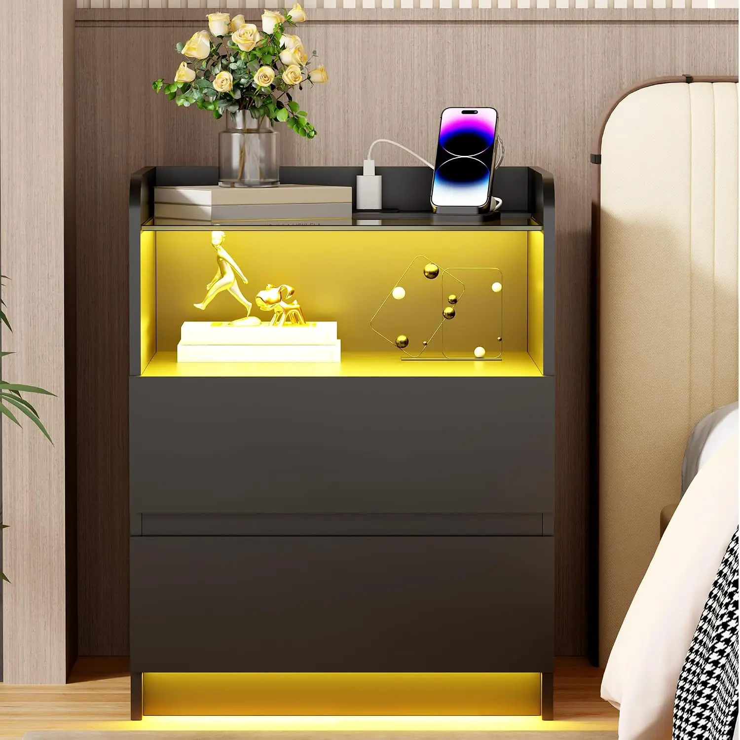 Night Stand with Charging Station, Led Night Stand with Drawers
