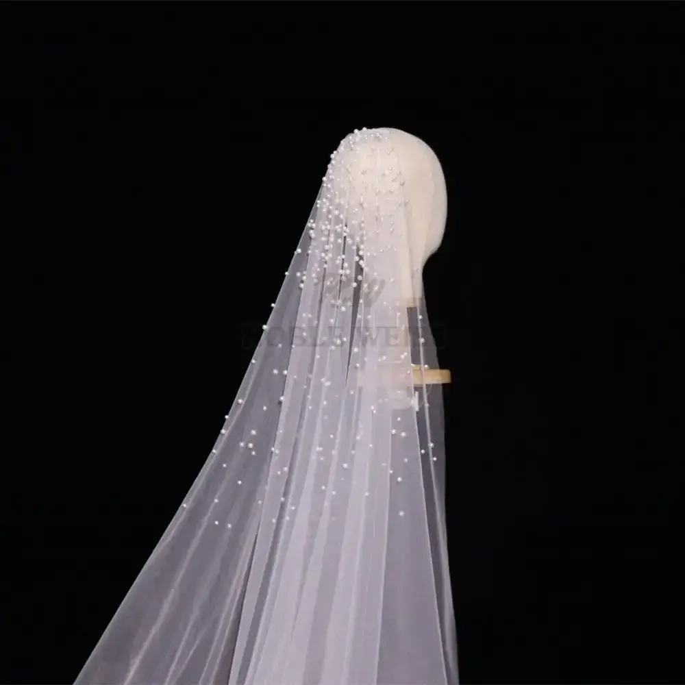 3M Long Pearls Wedding Veil Tulle 1T Bridal Veil Elegant Luxurious Beaded Bride Veil Bridal Party Veils With Comb Customized