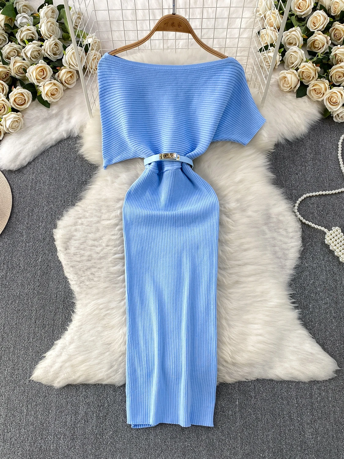 Elegante Vestido Largo de Punto Estilo Coreano para Mujer, Cintura Alta, Abertura Lateral, Hombro Descubierto, Manga Murciéla...