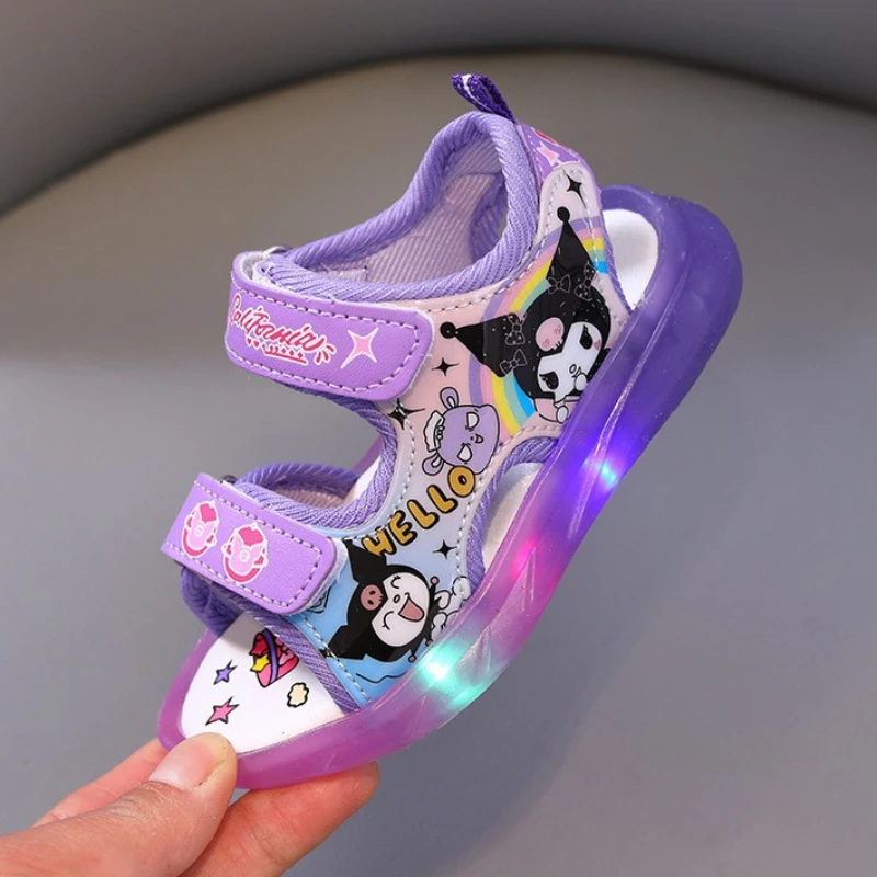 2024 Summer New Baby Led Light Girls Sandals Cute Kuromi Children\'s Casual Shoes Anti-slip Kids Beach Shoes Outdoor Shoes